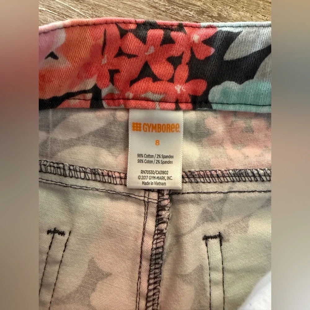 Gymboree Girls Stretch Jeans Size 8 Adjustable Waistband, Coral & Aqua Floral